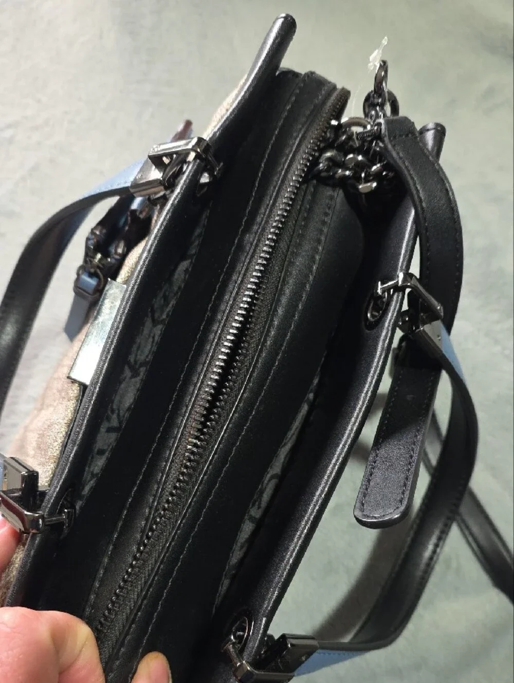 Calvin Klein Beige Monogram Satchel with Black Trim and Blue Tag